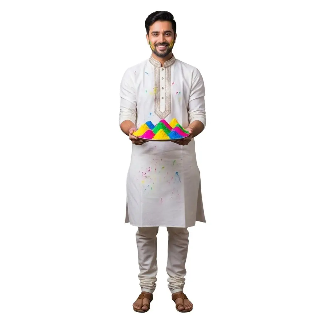 Young Indian Man with Holi Festival Gulal Plate PNG
