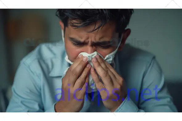 Man Sneezing into Tissue