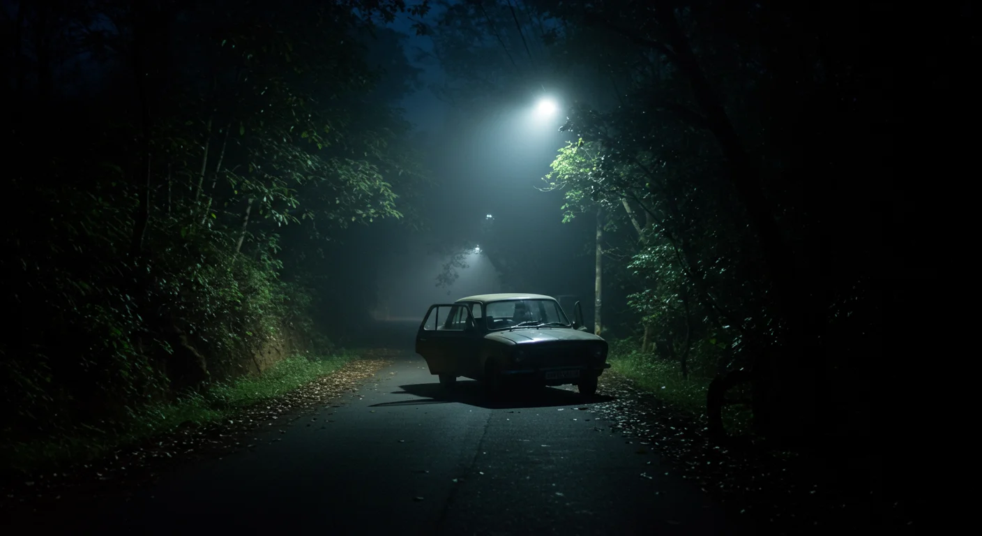 Abandoned Car on a Foggy Forest Road at Night