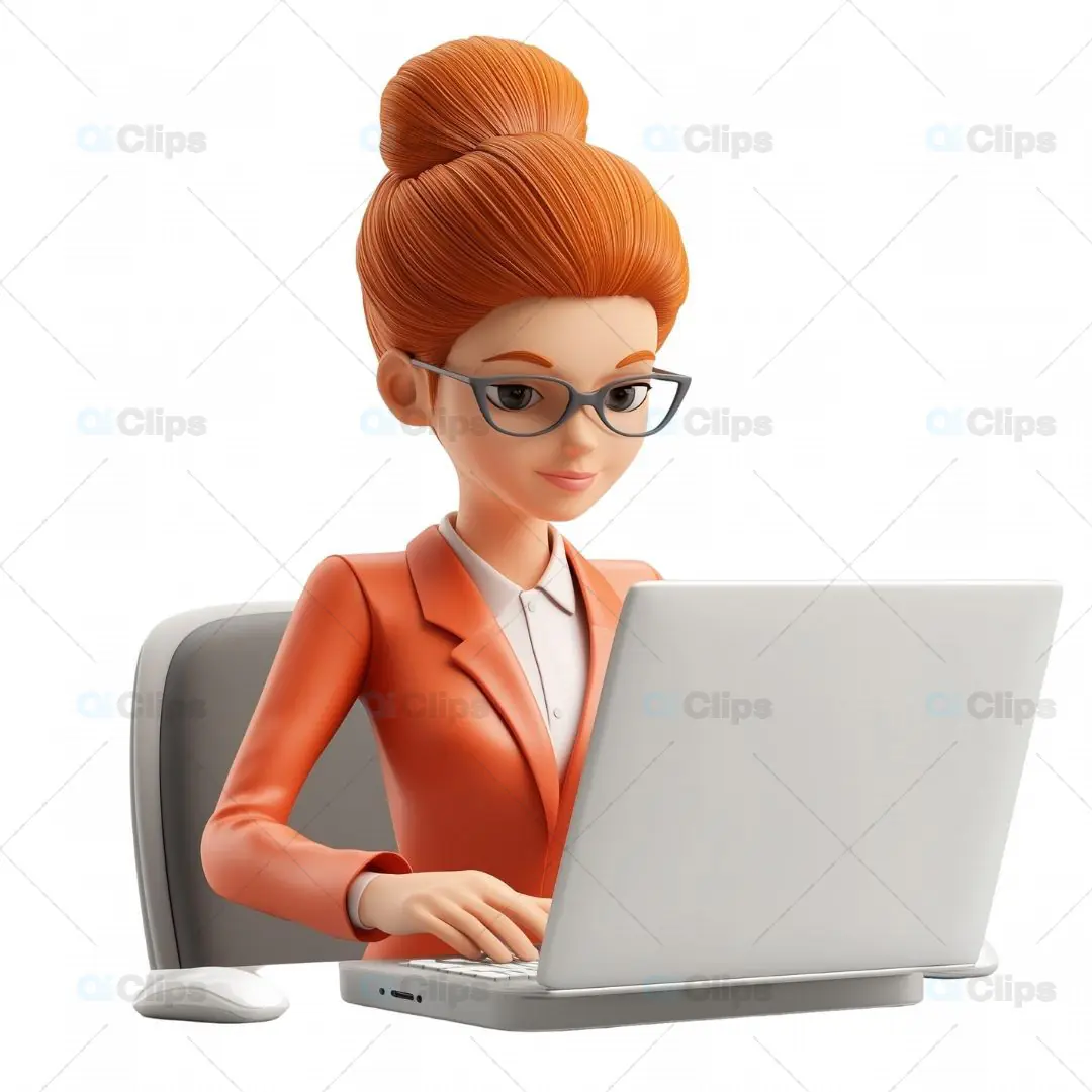 3D Female Professional Working on Laptop