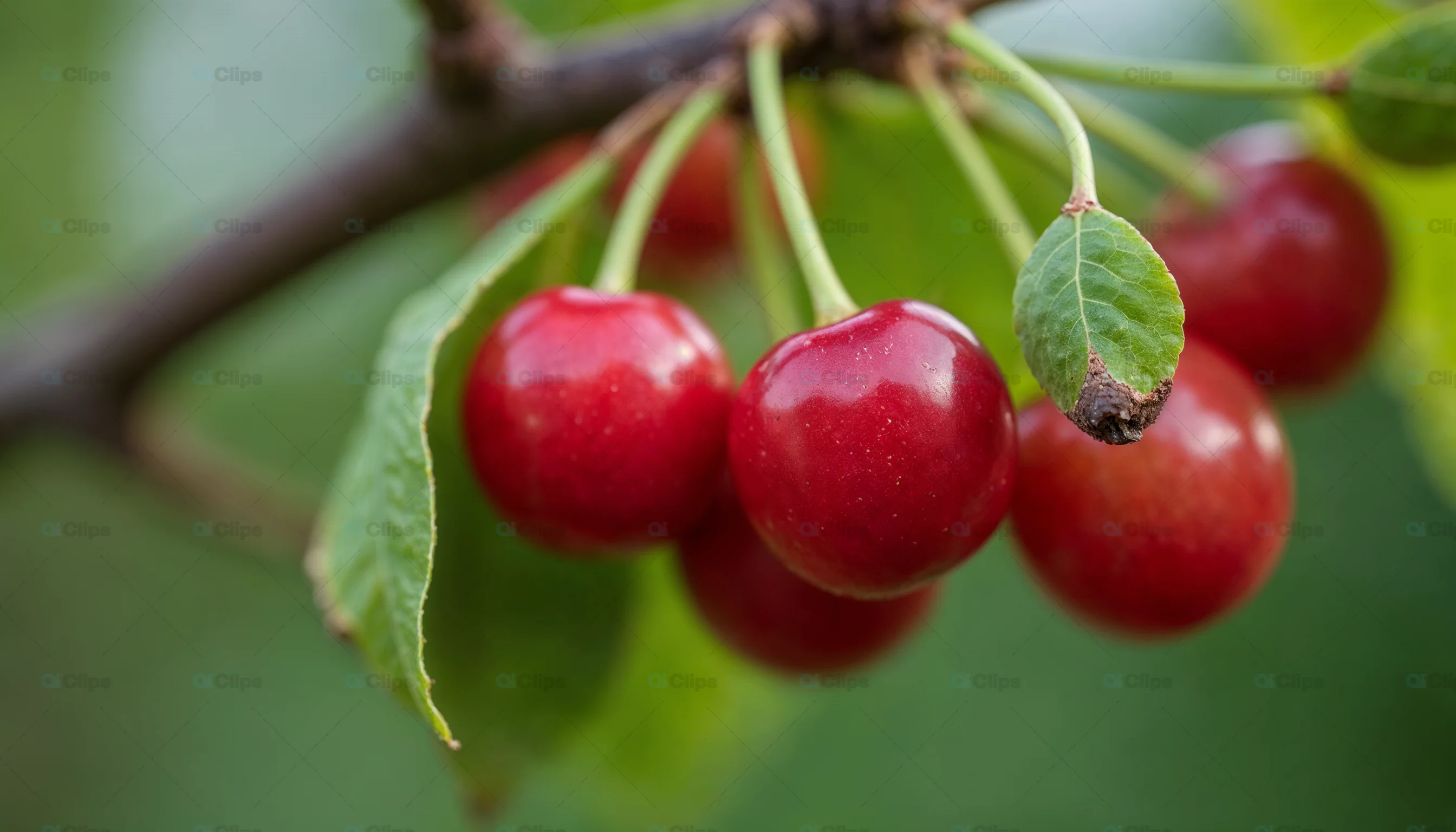 Ripe Red Cherries on Tree Branch