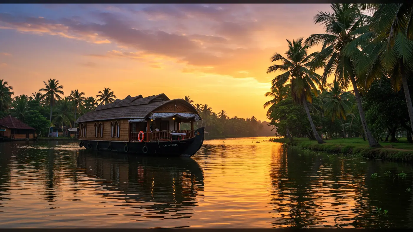 Traditional Houseboat on Kerala Backwaters at Sunset