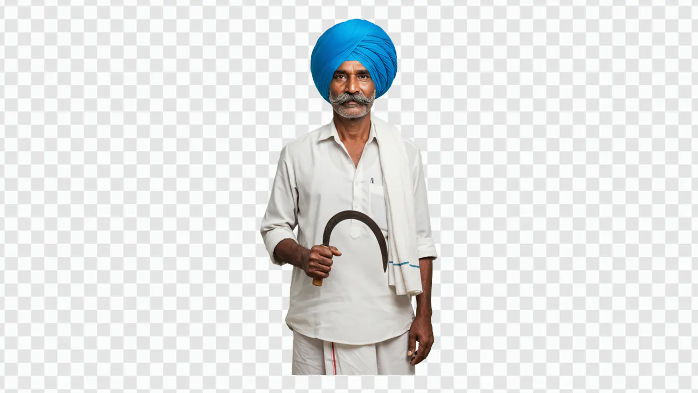 Sikh Farmer with Blue Turban Holding Sickle PNG