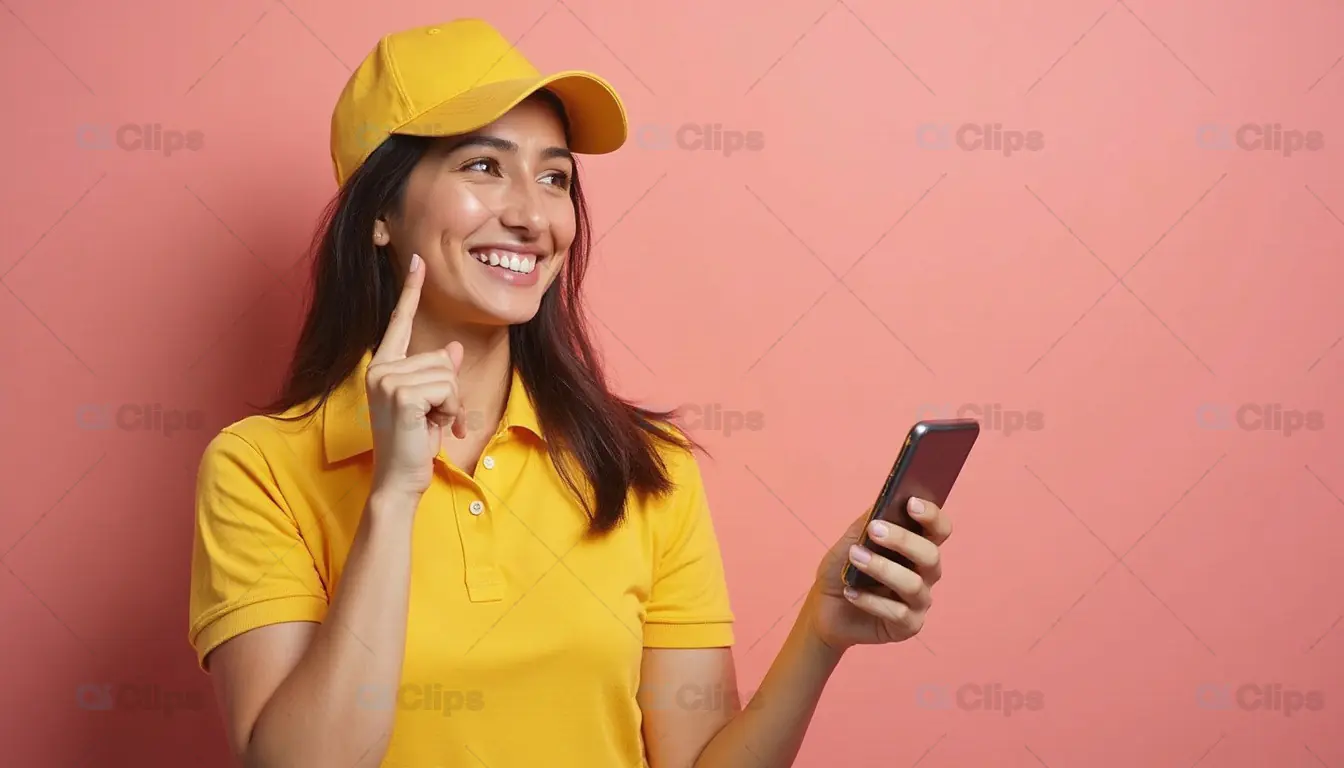 Smiling Female Delivery Worker Holding Smartphone