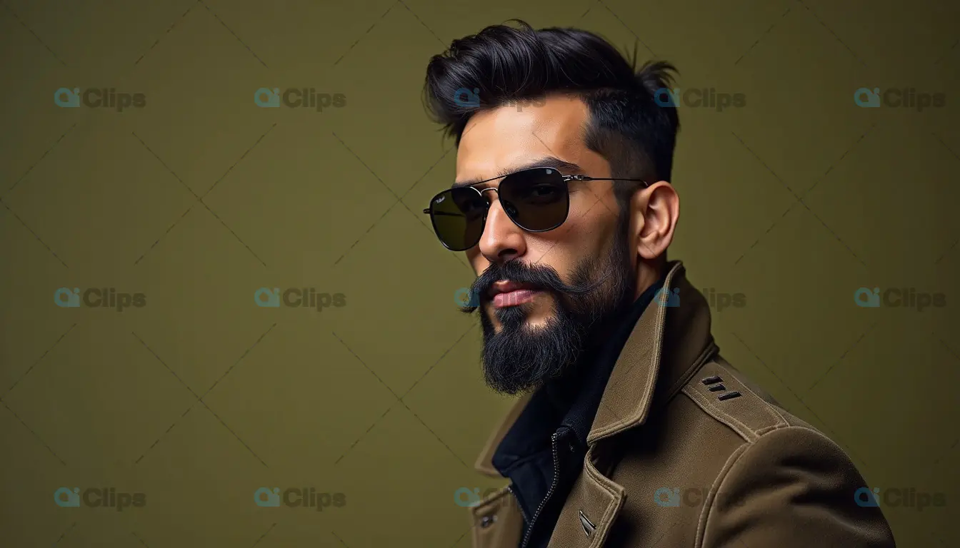 Stylish Bearded Man in Sunglasses and Military Jacket