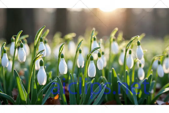 Blooming Snowdrops in Early Spring Forest