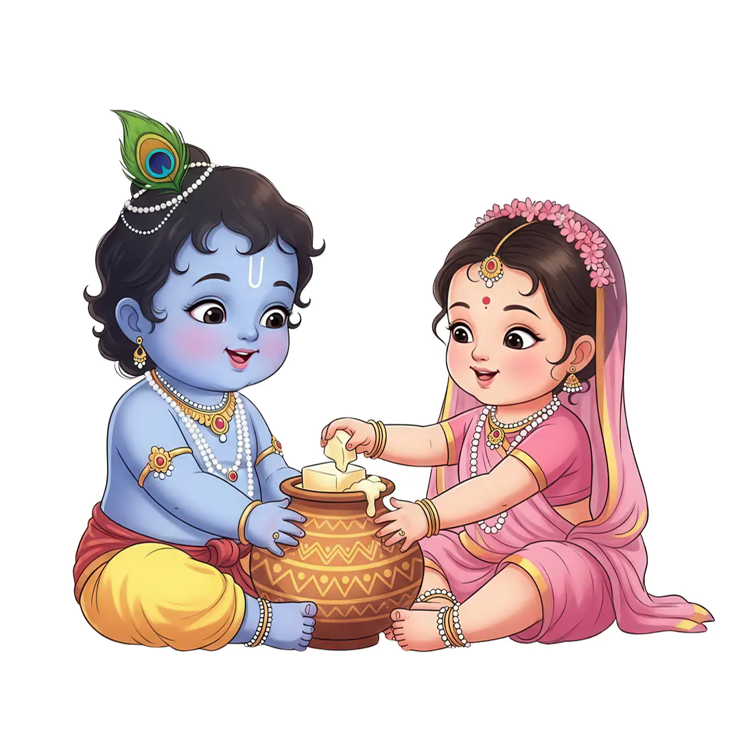 Little Krishna and Radha Sharing Butter Pot PNG