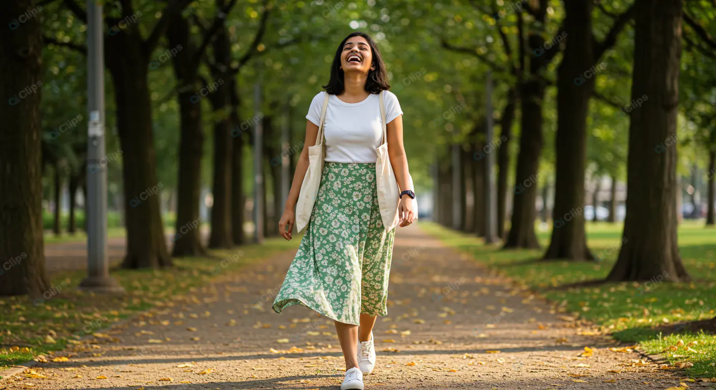 Joyful Stroll Through Tree-Lined Avenue