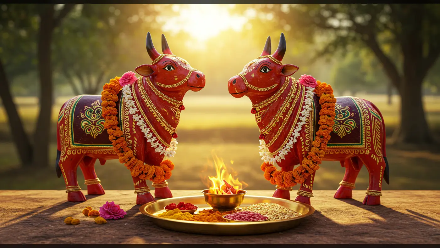 Sacred Bull Worship with Fire Ritual in Village Setting | AIClips Indian Festival Vibes
