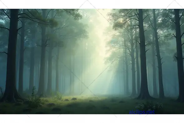 Misty Forest with Sun Rays Breaking Through Trees