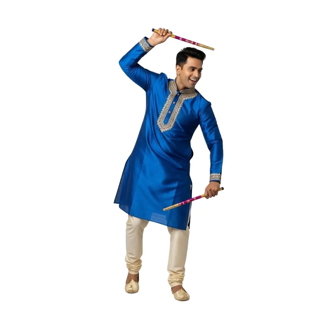 Man in Blue Kurta Dancing with Dandiya Sticks PNG