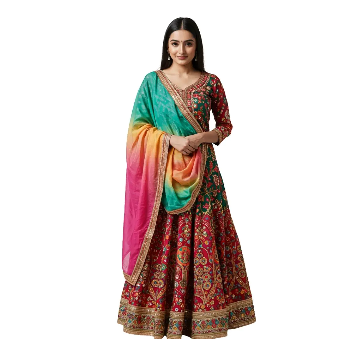 Colorful Embroidered Lehenga with Rainbow Dupatta PNG
