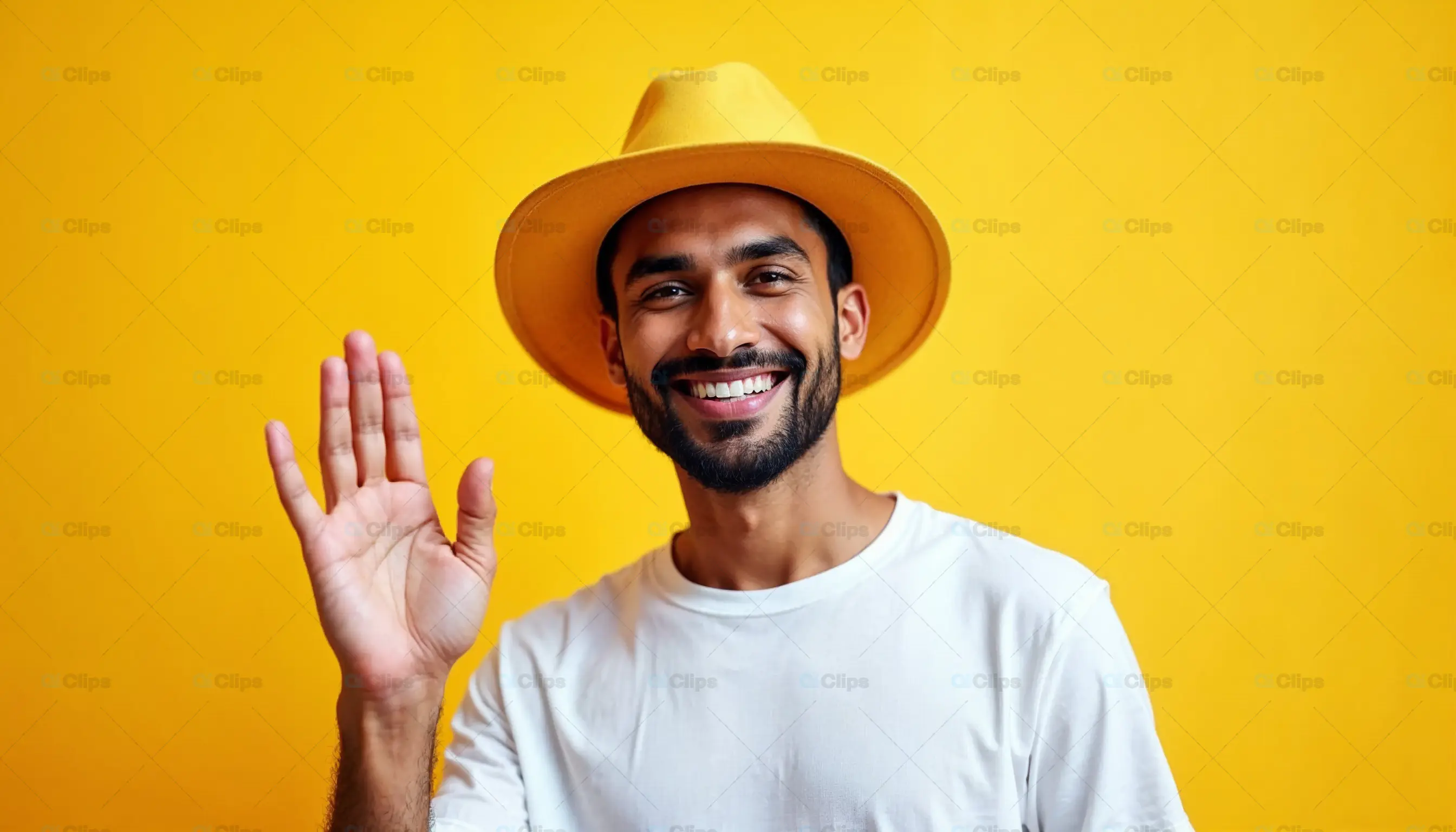 Smiling Man in Yellow Hat Waving