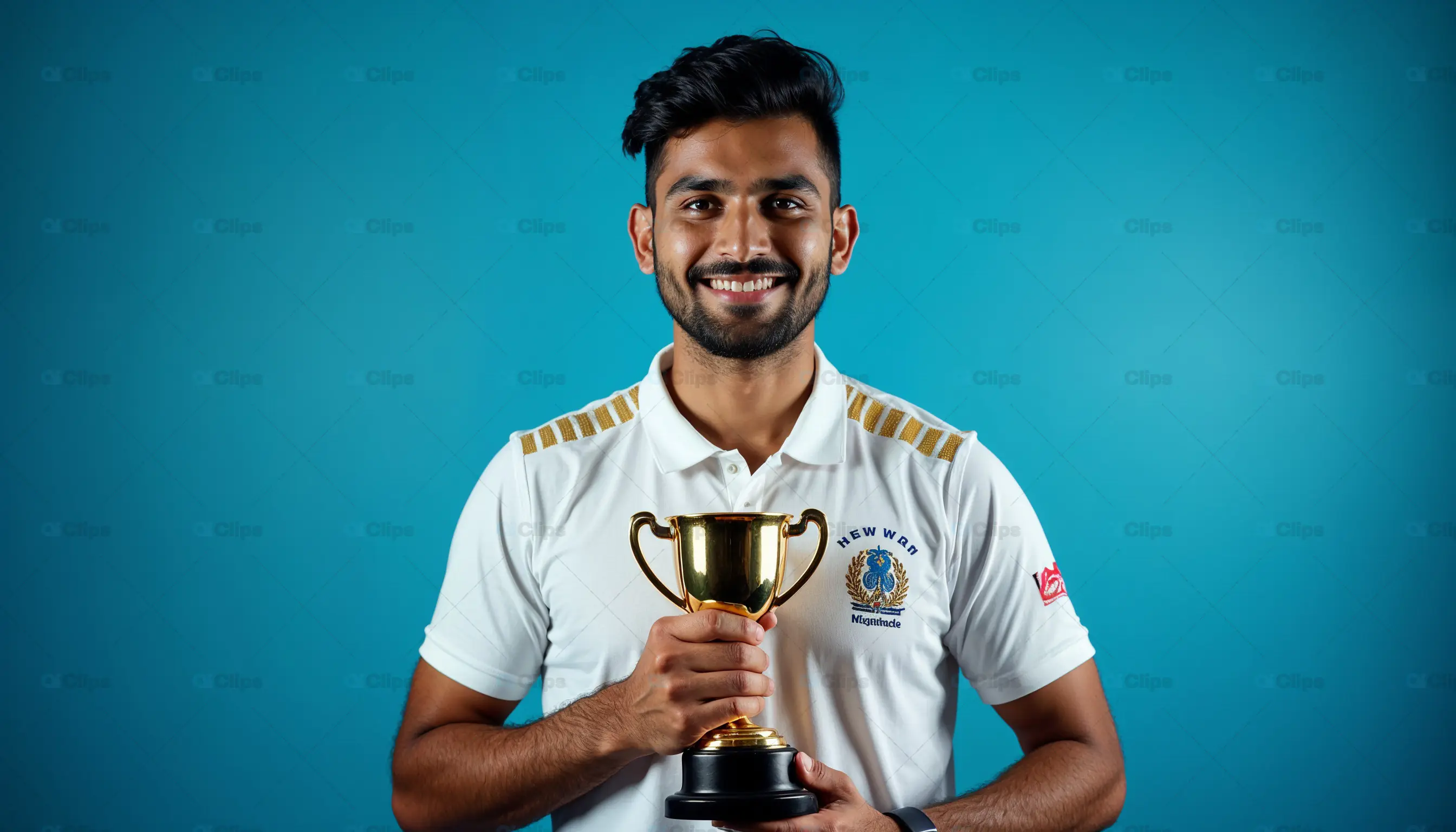 Smiling Male Cricketer with Trophy