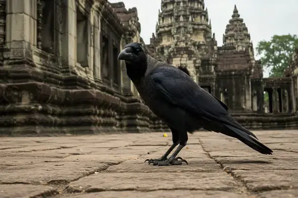 Black Crow Walking in Front of Ancient Indian Temple