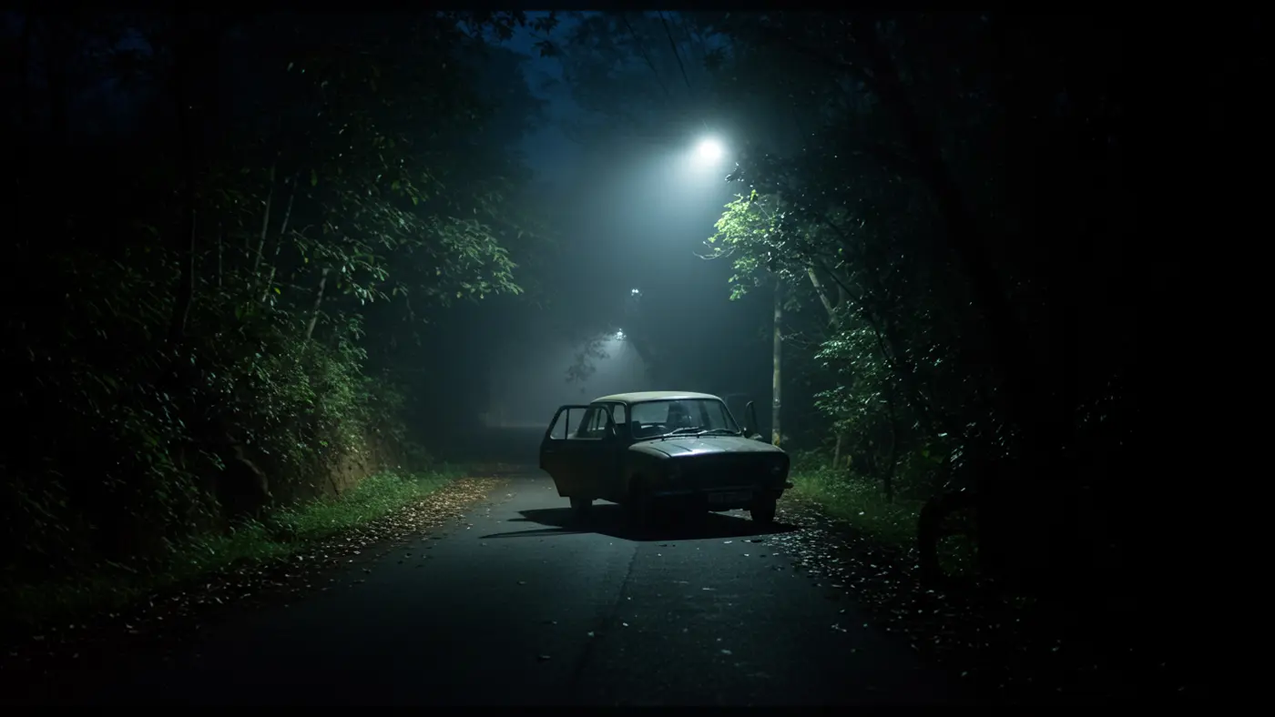 Abandoned Car on a Foggy Forest Road at Night