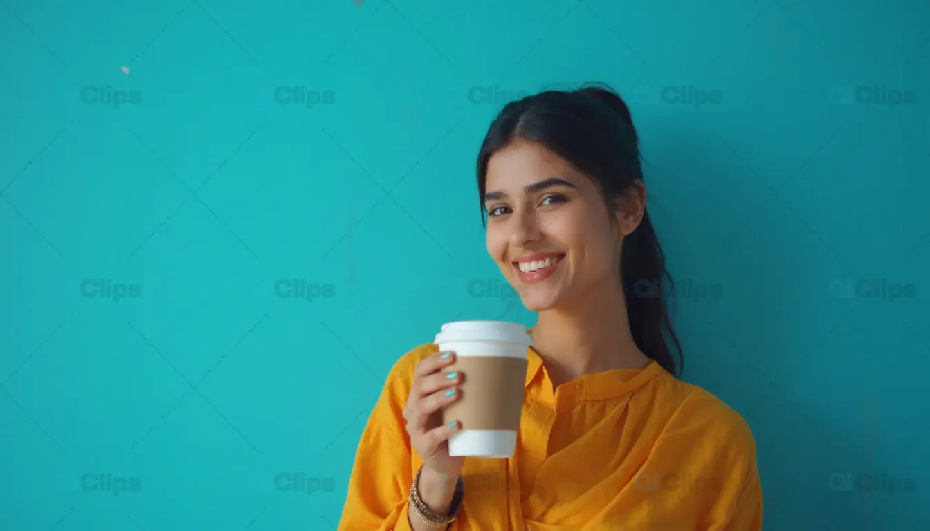 Smiling Woman with Coffee Cup Against Blue Background