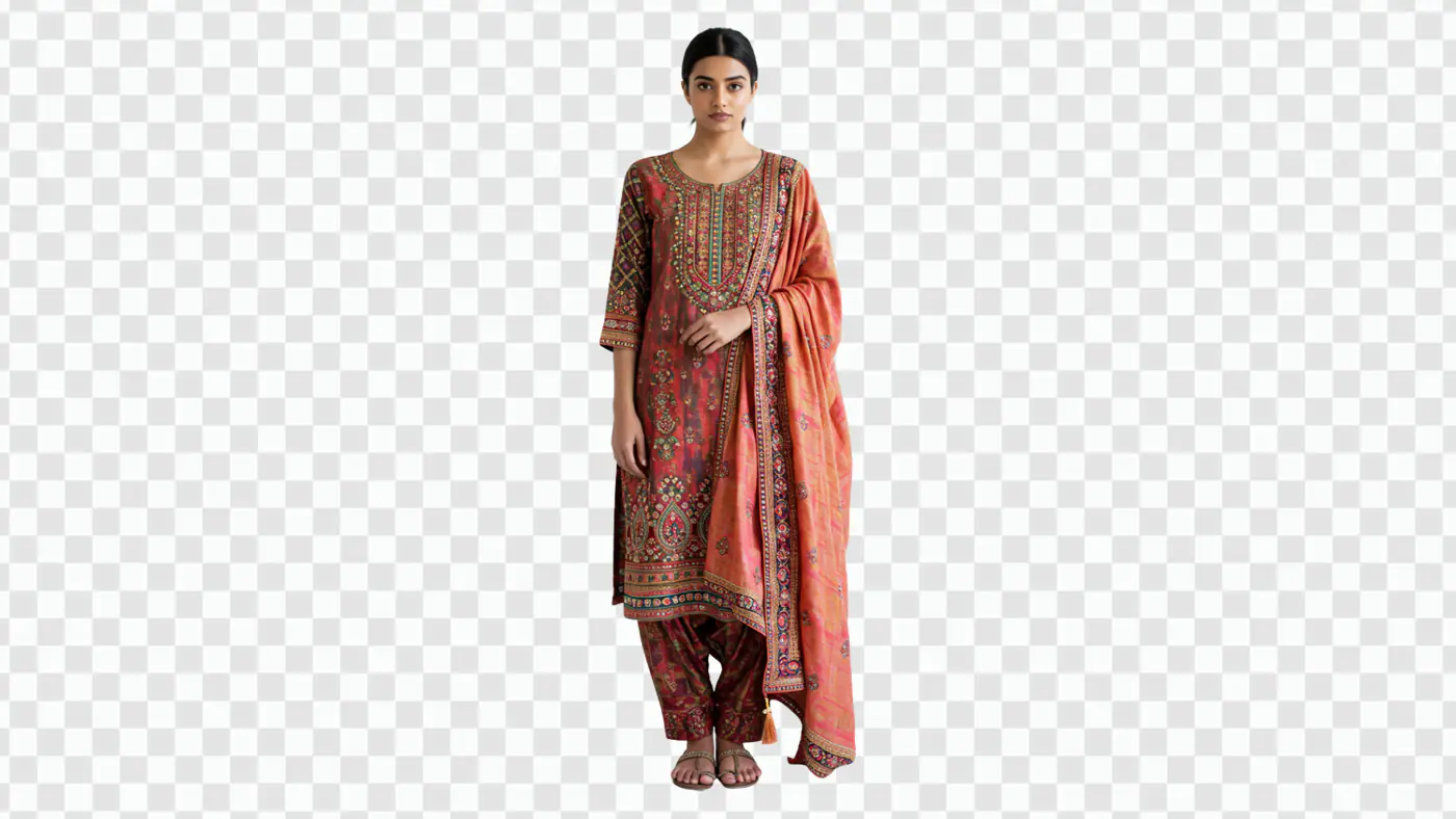 Elegant Woman in Embroidered Salwar Kameez PNG Clipart