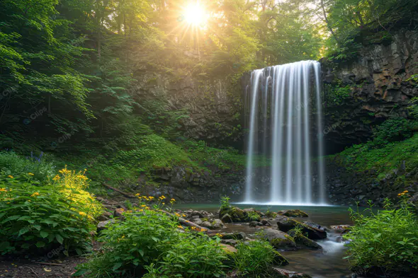 Sunlit Forest Waterfall Serenity