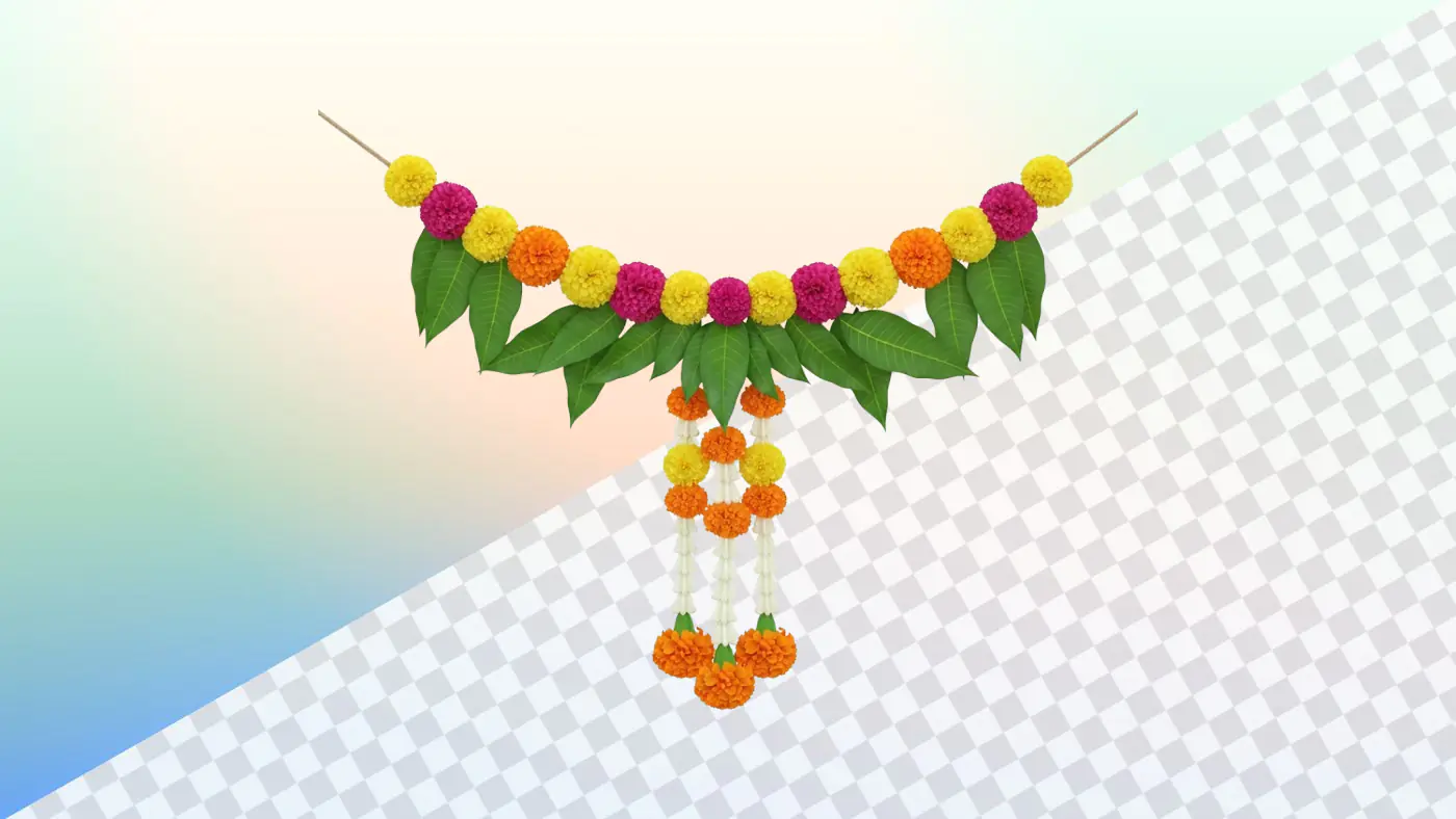 Colorful marigold garland with mango leaves and tassels