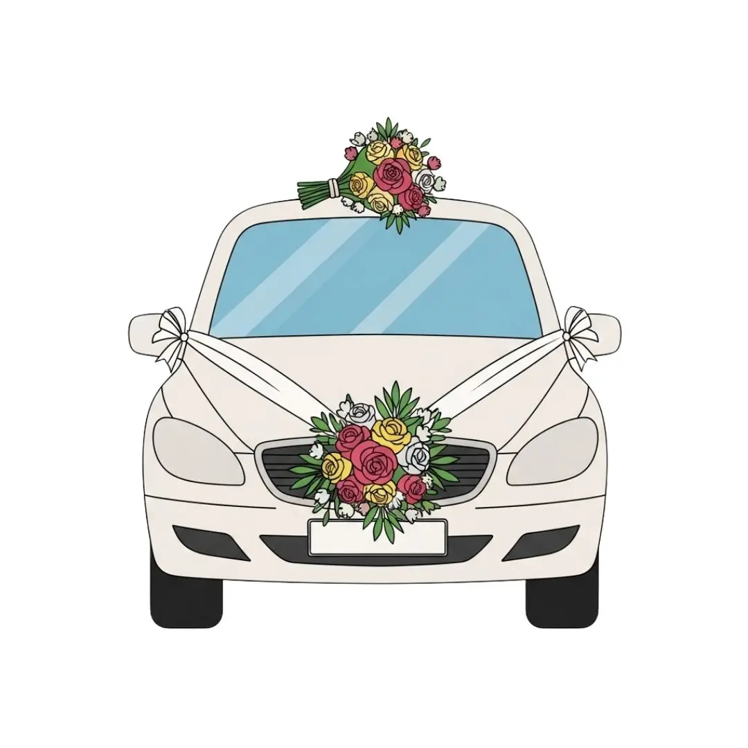 Illustrated Wedding Car with Floral Decoration Clipart PNG