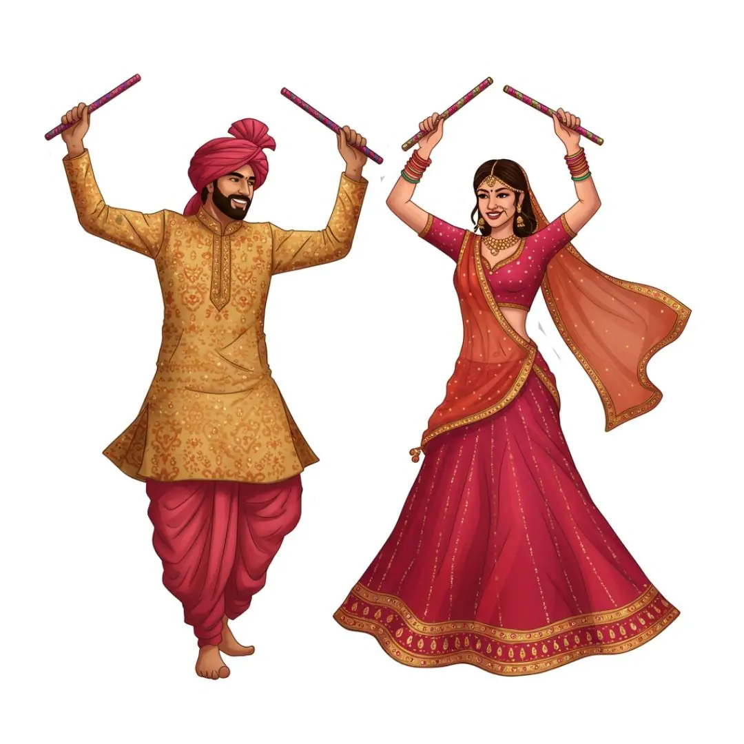 Joyful Indian Couple Performing Dandiya Dance PNG
