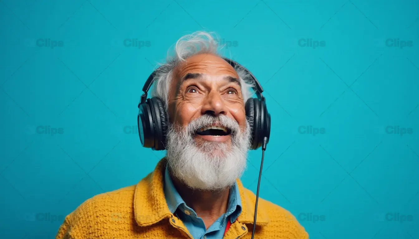 Elderly Man Joyfully Listening to Music on Headphones