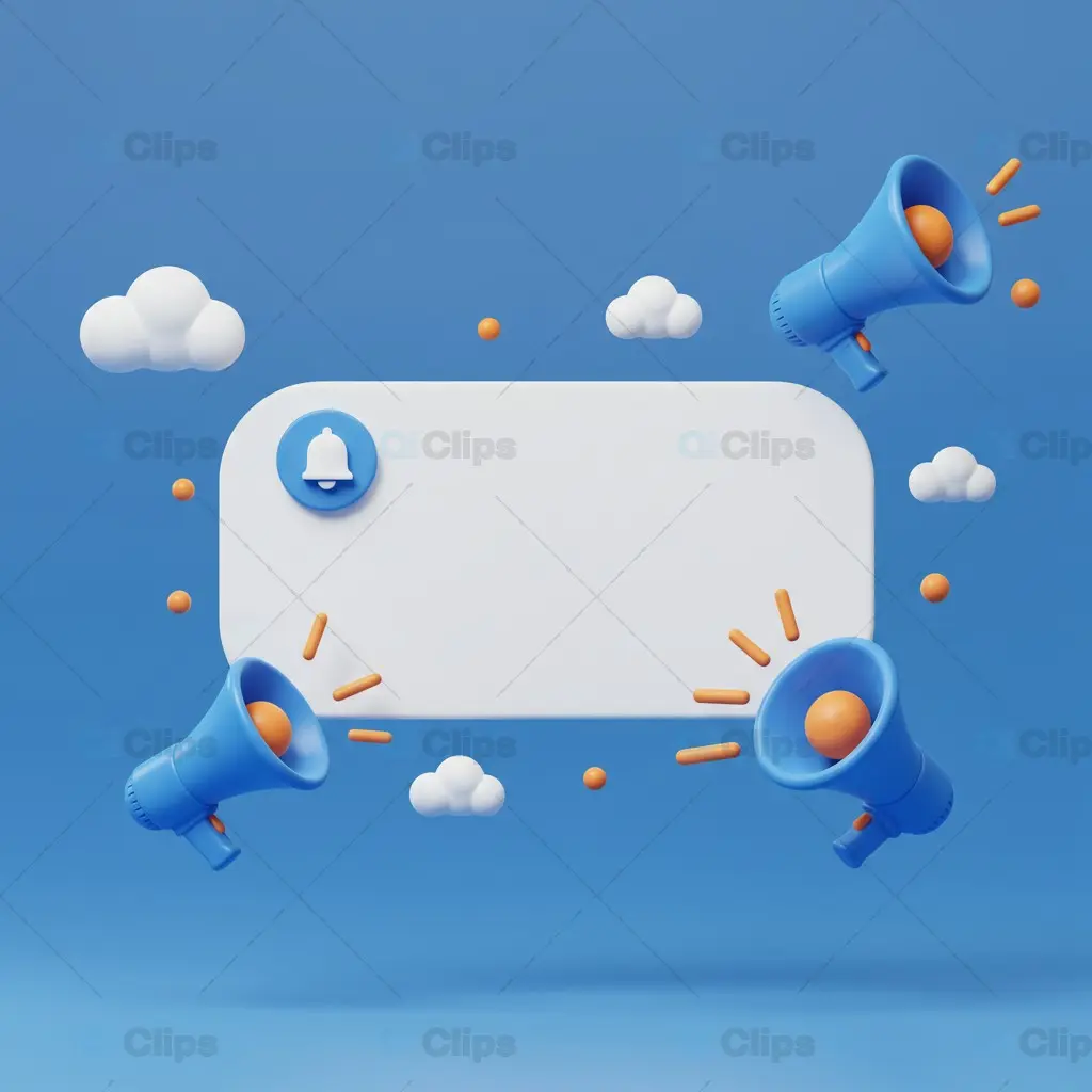 3D Announcement Banner with Megaphones and Clouds