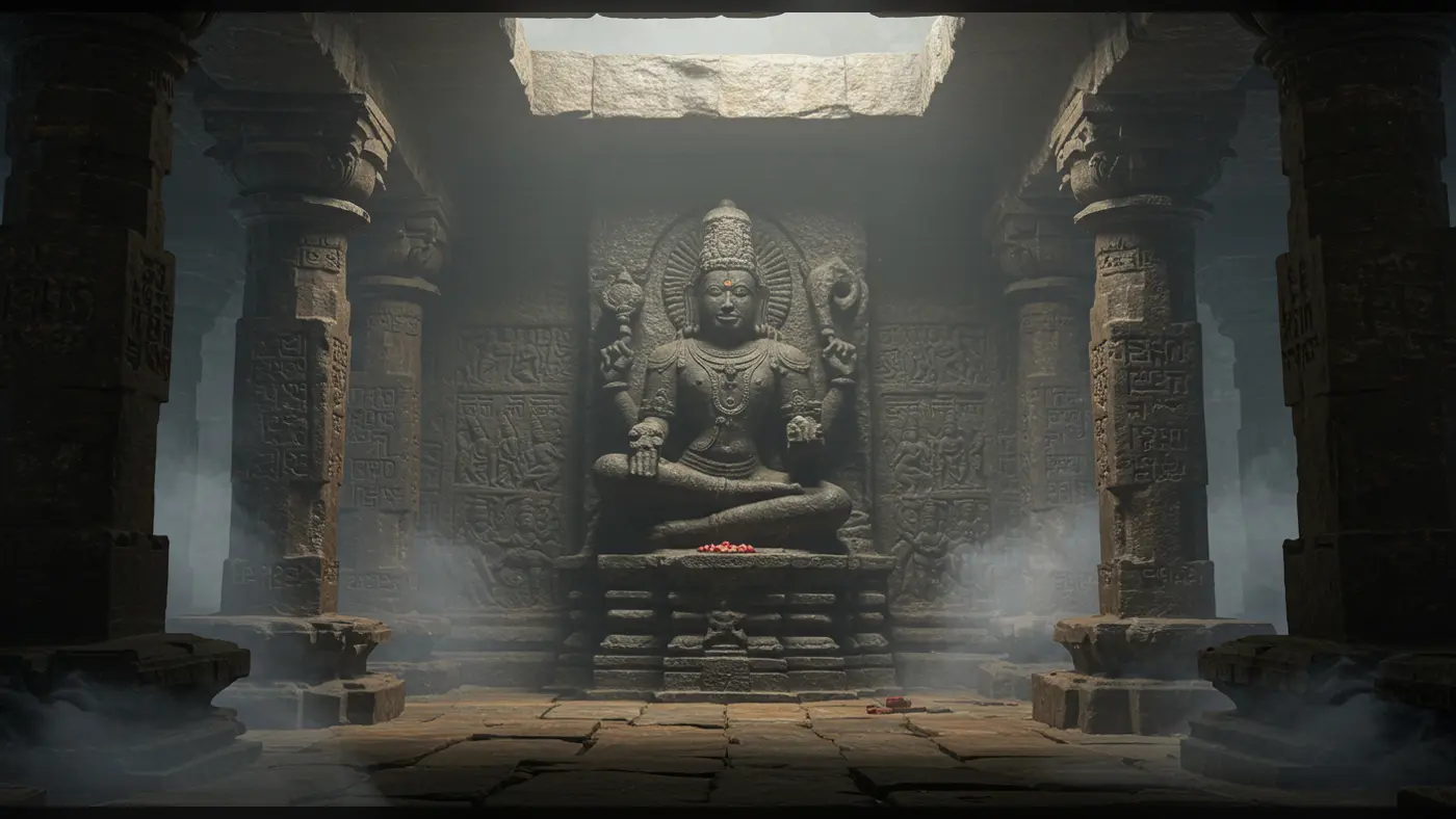 Ancient Stone Idol with Divine Light – Mystical Temple Interior