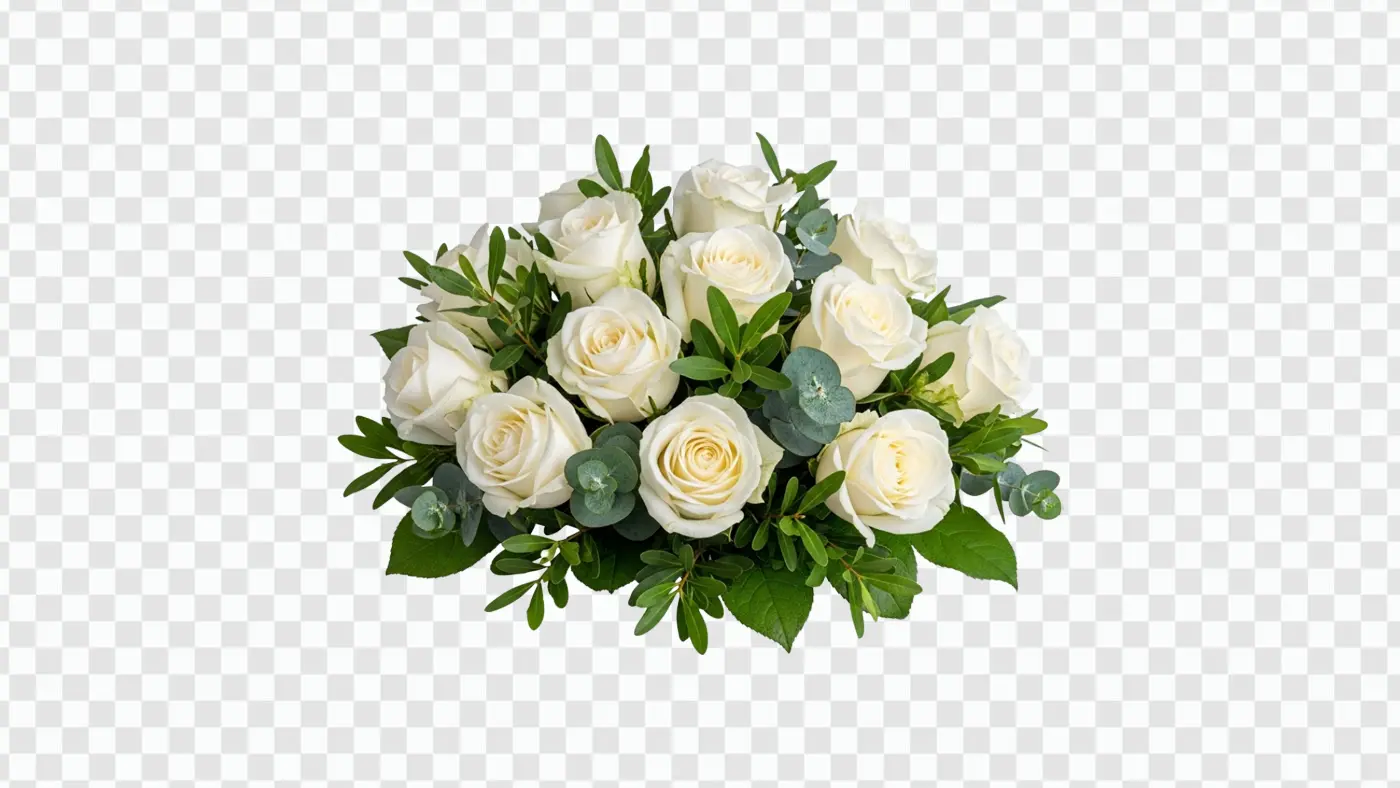 Elegant White Rose and Eucalyptus Floral Arrangement Clipart