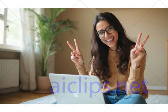Happy Woman with Laptop Showing Peace Signs