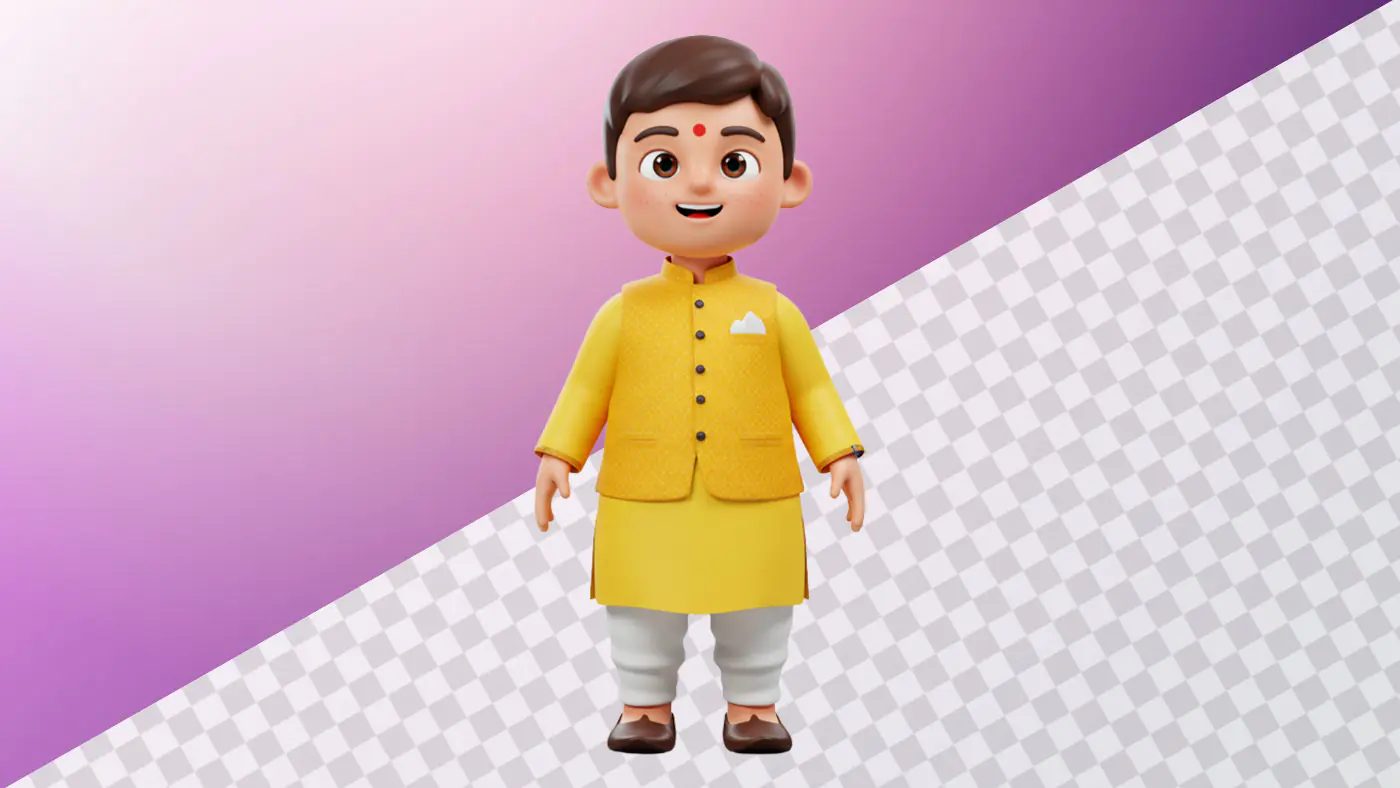 Smiling Indian boy 3D avatar yellow kurta traditional