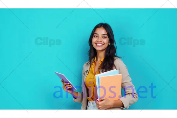 Smiling Student with Notebooks and Tablet