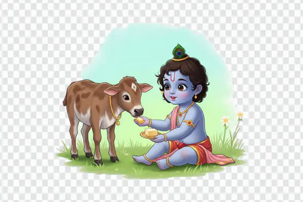 Little Krishna Feeding Calf in Meadow PNG