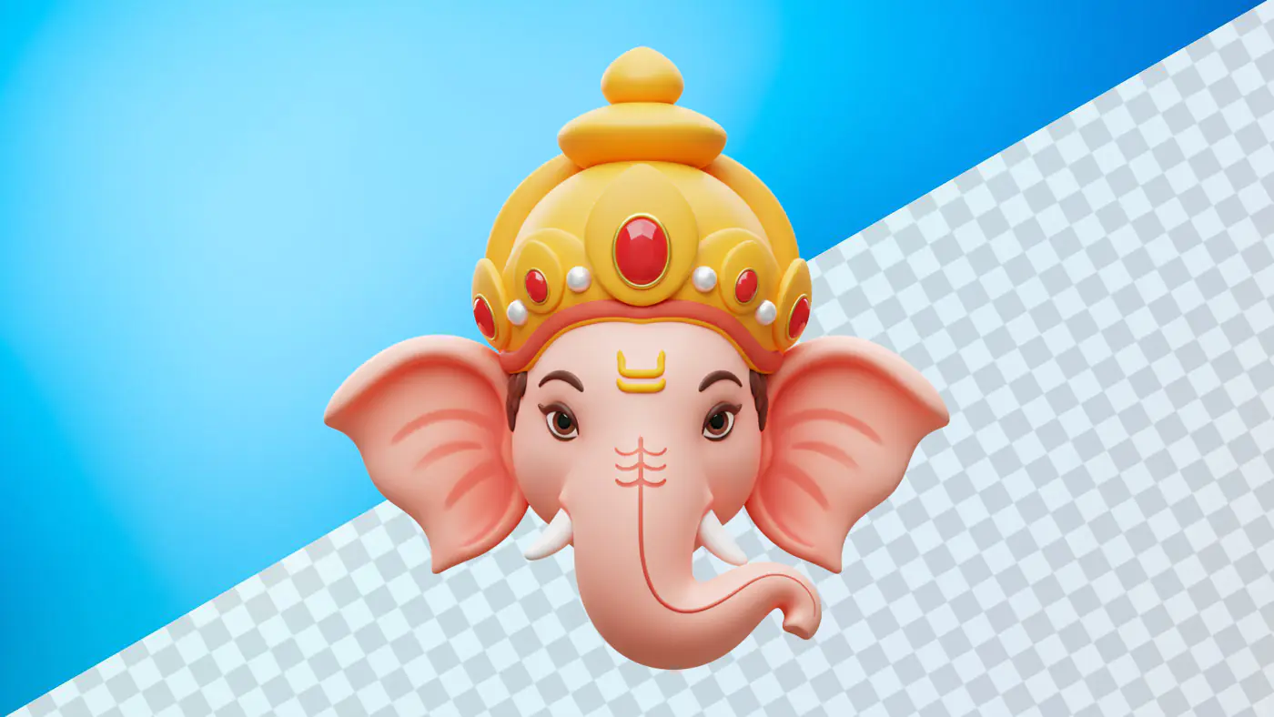 Cheerful Ganesha head with golden crown on blue background