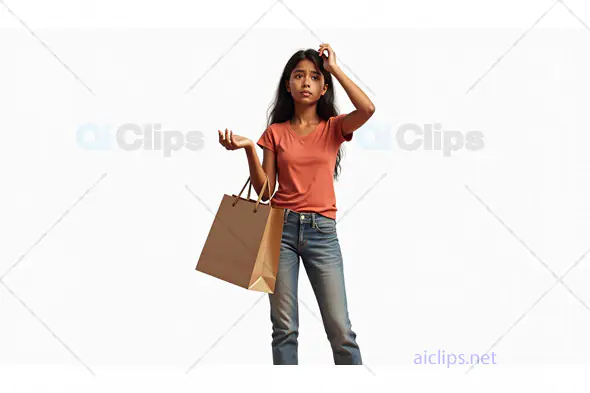 Confused Young Woman Holding Shopping Bag on White Background