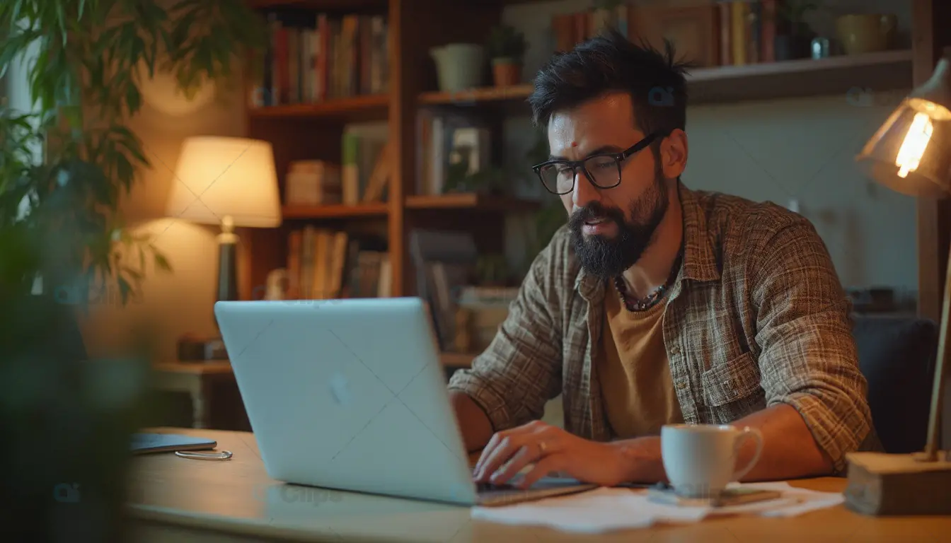 Focused Man Working on Laptop at Home