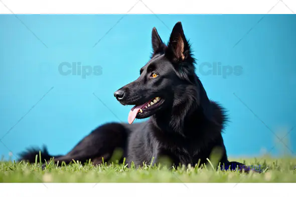 Black German Shepherd Against Blue Background