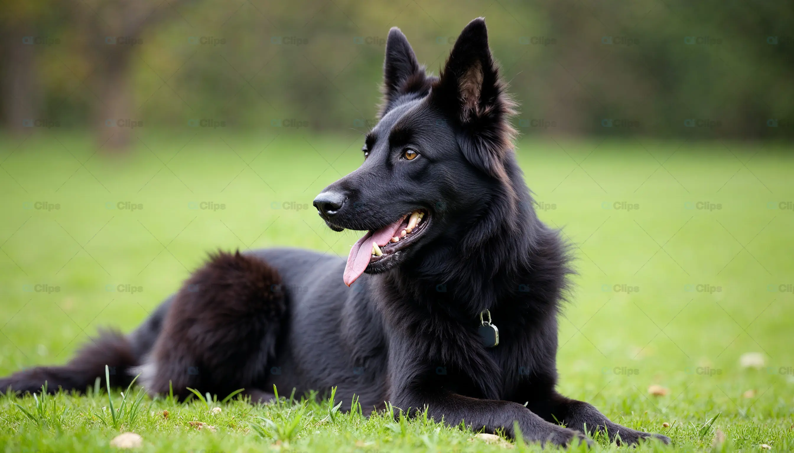 Relaxed Black German Shepherd in Green Field