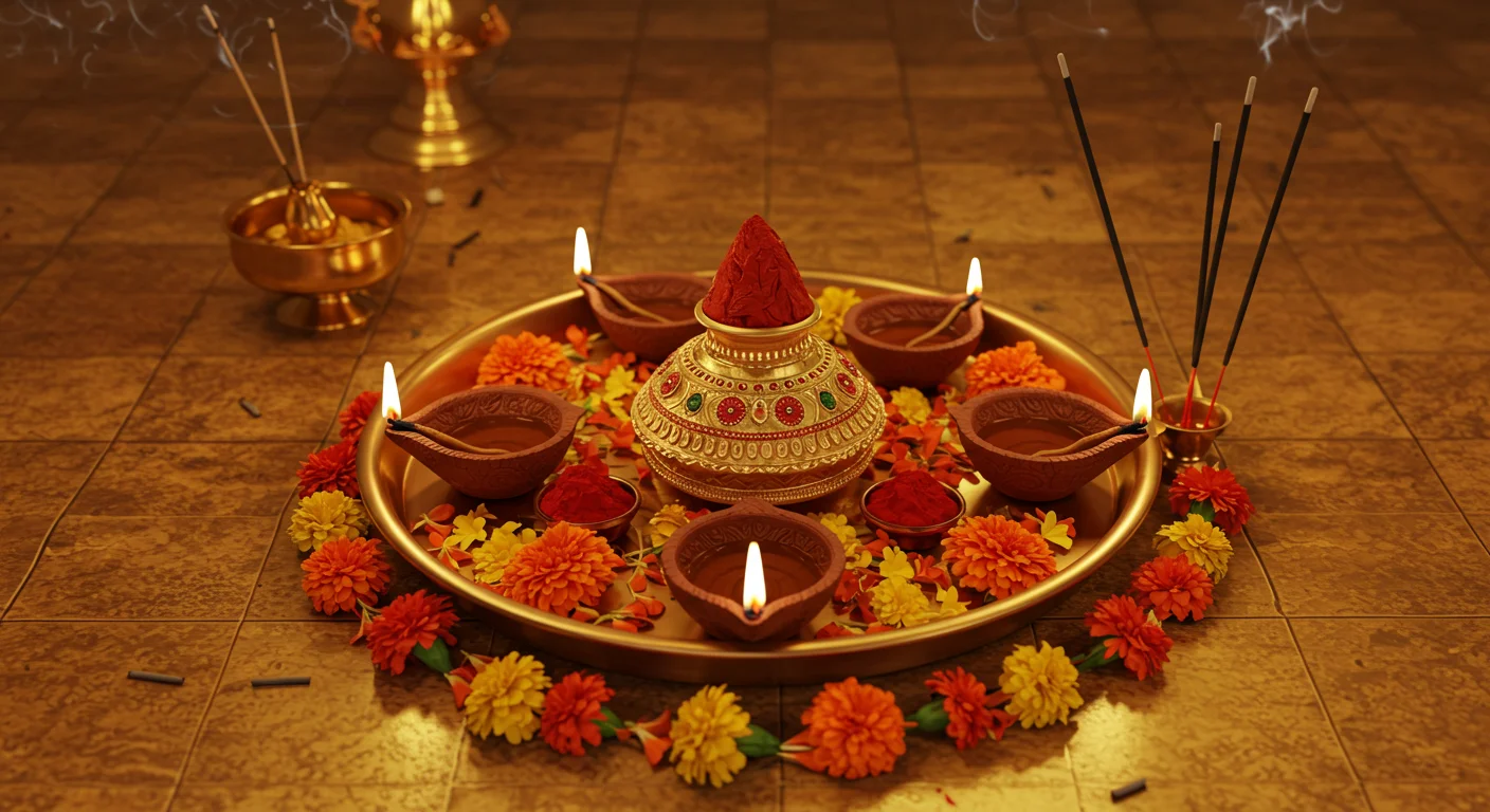 Thumbnail Kalash Diya Plate with Flowers | Hindu Pooja Decor | AIClips Thumbnail