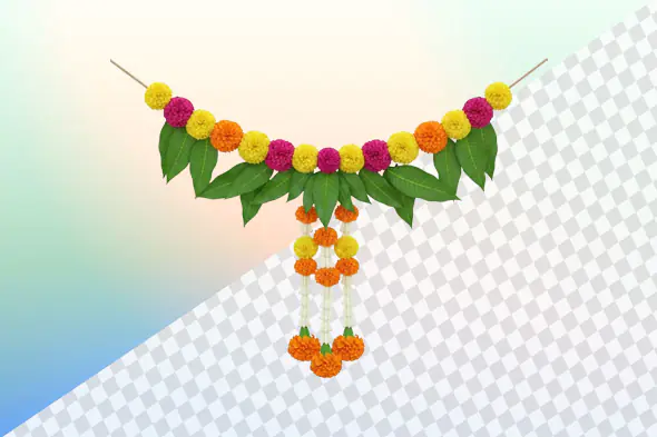 Colorful marigold garland with mango leaves and tassels