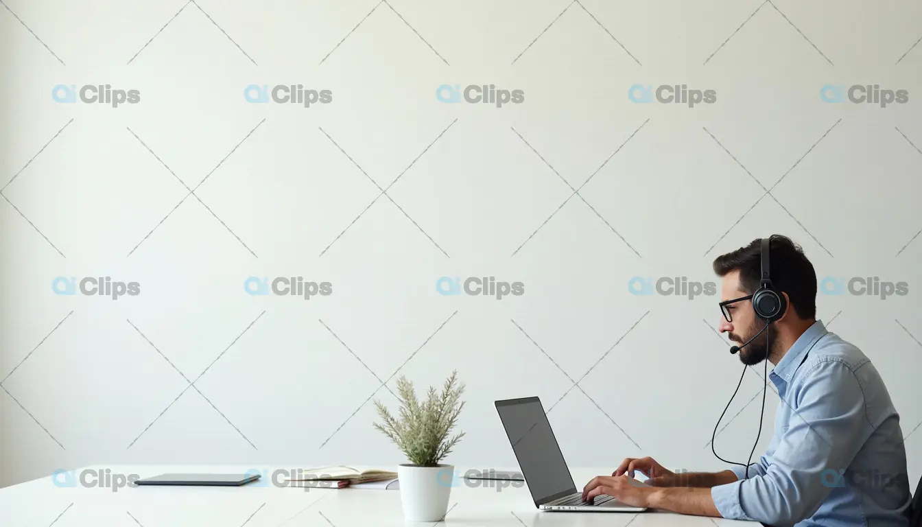 Professional Man Working on Laptop with Headset in a Minimalist Office