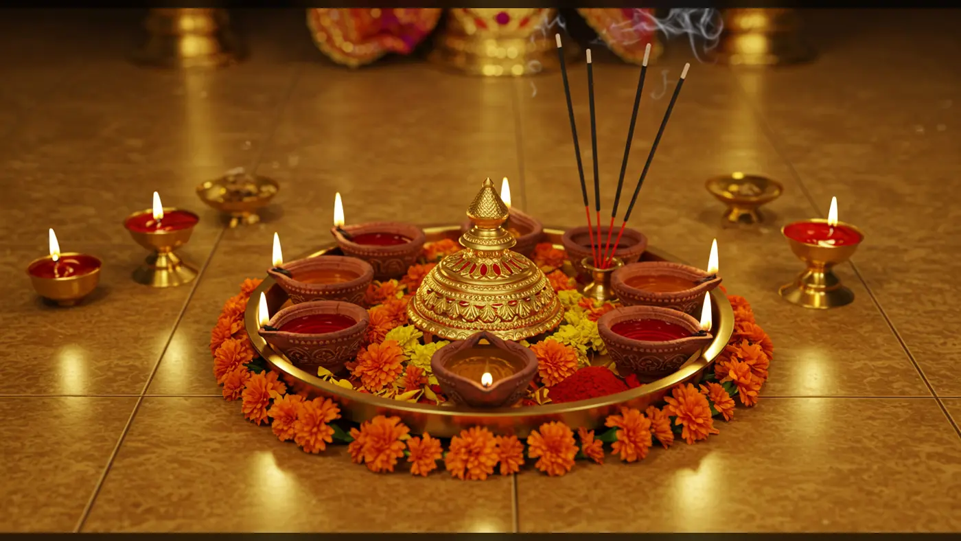 Kalash Diya Plate with Marigold Flowers and Agarbatti | Traditional Pooja Setup | AIClips