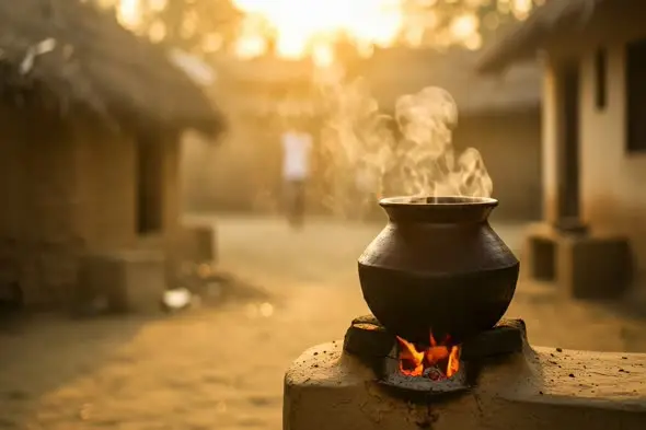 Traditional Clay Pot Cooking in Rural India at Sunset