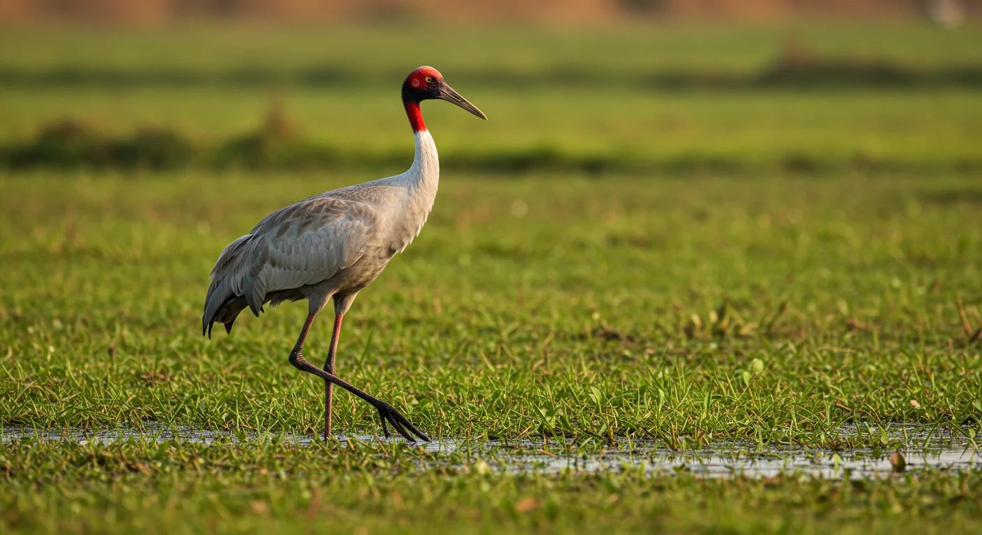 Sarus Crane Walking Through Wetland Grassland at Golden Hour