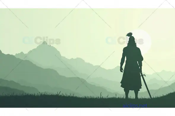 Warrior Overlooking the Mountains at Dawn