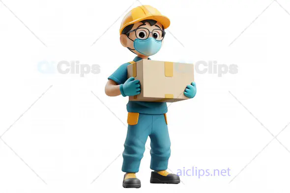 3D Delivery Worker Avatar with Mask, Gloves, and Package
