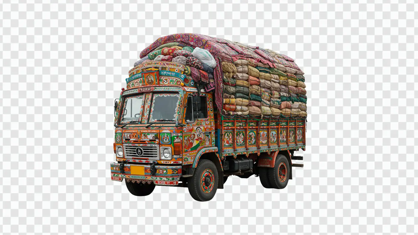 Colorful Decorated Indian Truck Loaded with Cargo PNG