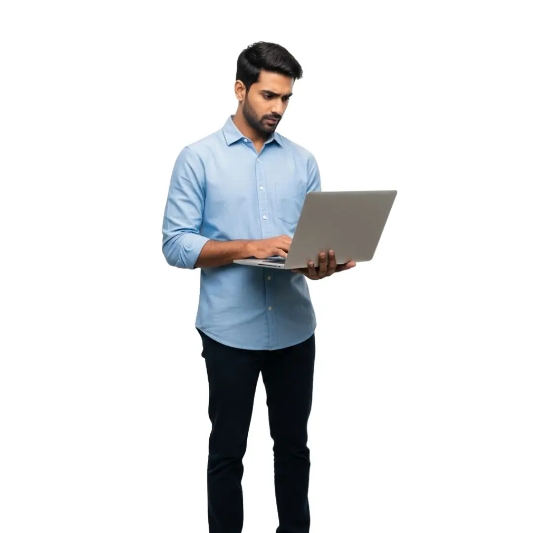 Concentrated Indian Man Standing with Laptop PNG Clipart