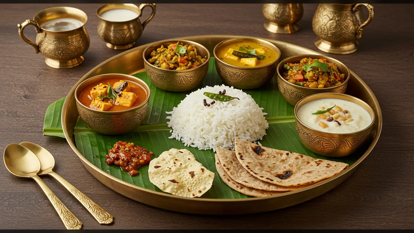 Authentic Indian Vegetarian Thali with Curd & Curry | Banana Leaf Brass Platter | AIClips